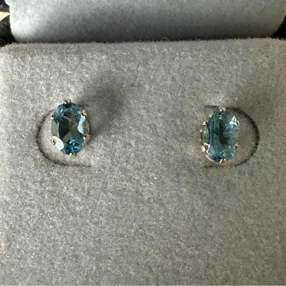 14k Solid Gold Blue Topaz Oval Post Earrings - Picture 4 of 13